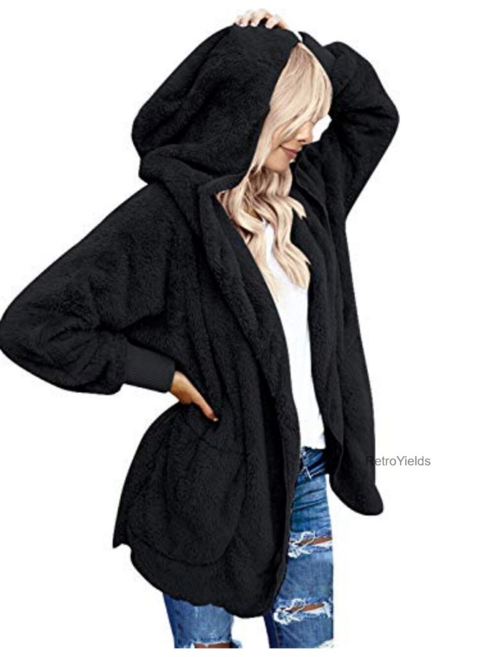 Faux Fur Hooded Oversized Sherpa Jacket Fuzzy Fleece Cardigan Women